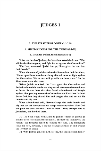 A scanned book page showing the beginning of the biblical book Judges, with the title 'JUDGES 1' at the top and the first chapter text below in a serif typeface.