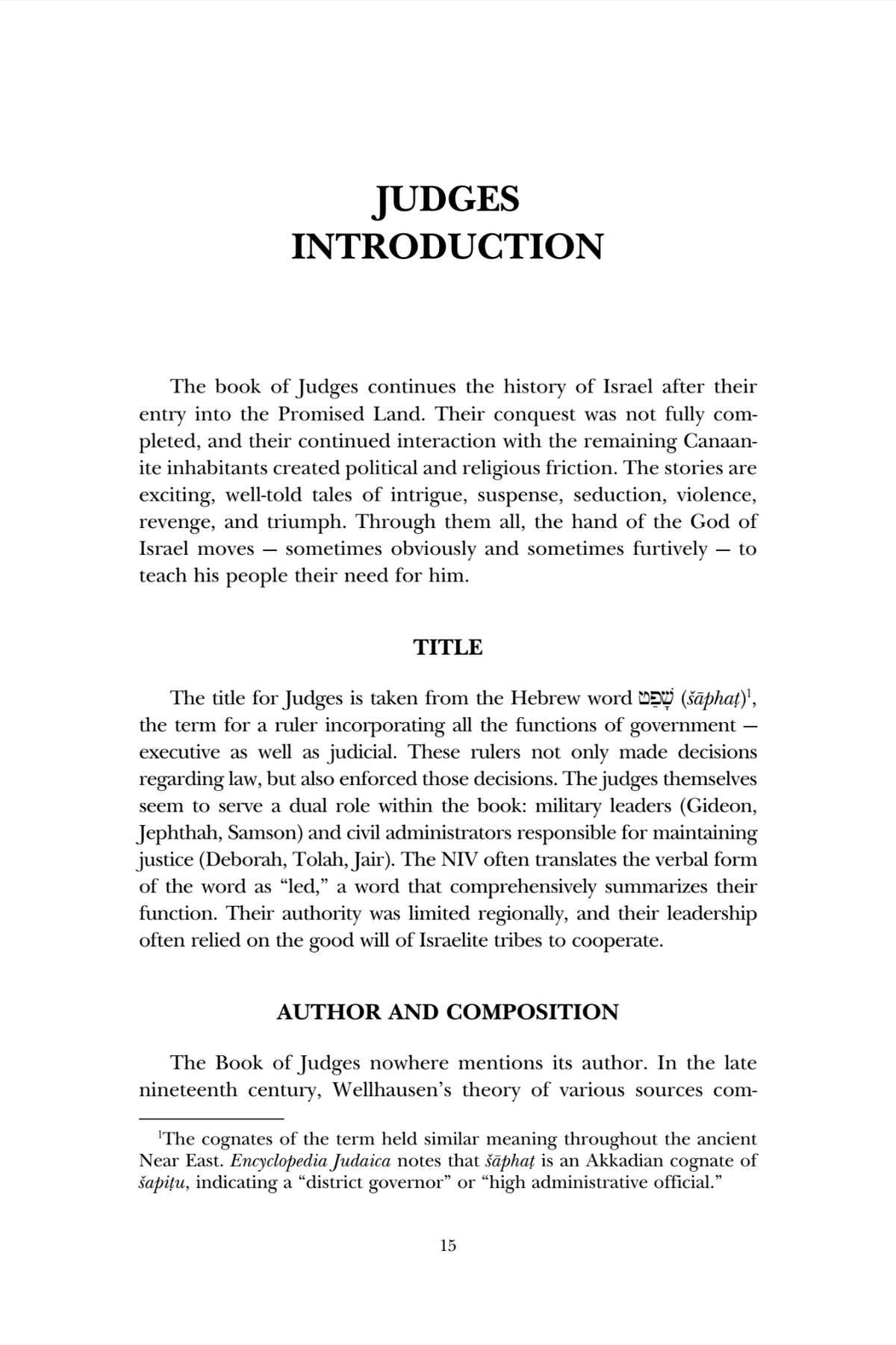 A single-page book or document spread titled "JUDGES INTRODUCTION" with black serif text on a white page, including sections like title, title page, author and composition, and page number 15.