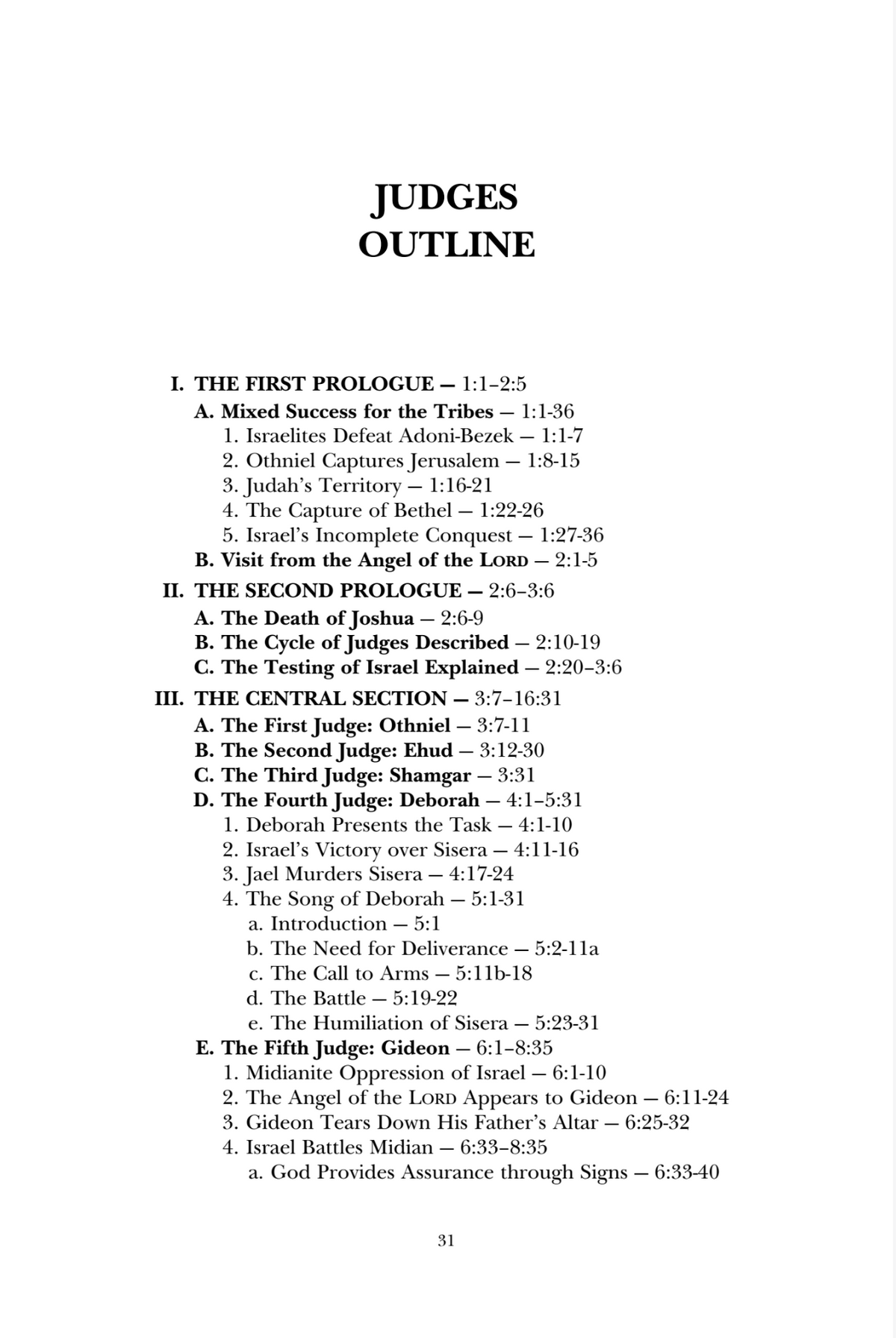 A scanned book or booklet page titled 'JUDGES OUTLINE' with a table of contents in black text on a white page, showing sections and chapter headings from Judges 1-5.