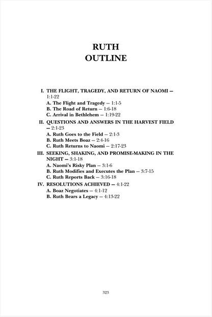 Outline of a book or document titled 'Ruth' with chapter headings and subheadings.