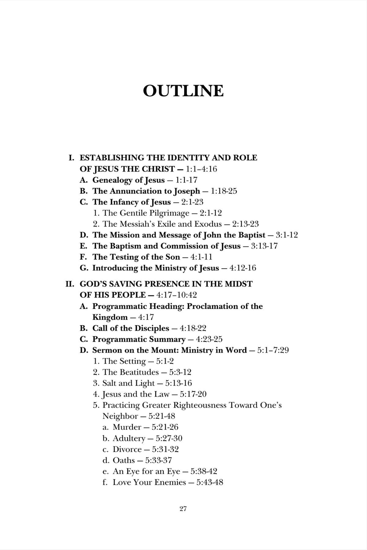 A printed page with the word 'OUTLINE' in large centered letters and a structured text layout below, including headings and subheadings about Jesus and God's saving presence. This is not a product photo, lifestyle scene, chart for sizing, color swatch, or instruction diagram for using a product; it is a document/page preview, so subject_type is Other.