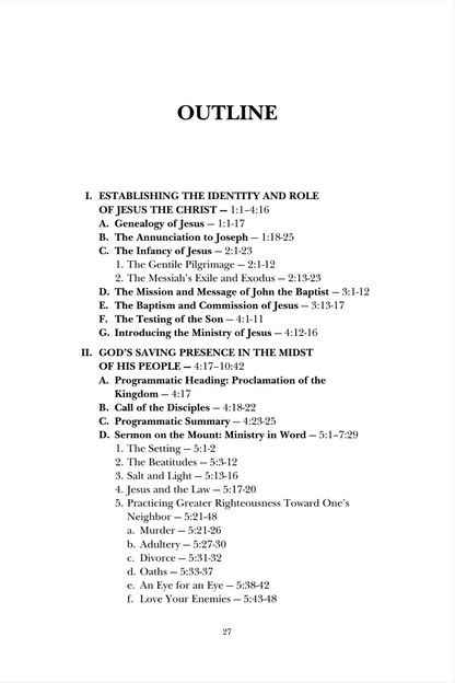 A printed page with the word 'OUTLINE' in large centered letters and a structured text layout below, including headings and subheadings about Jesus and God's saving presence. This is not a product photo, lifestyle scene, chart for sizing, color swatch, or instruction diagram for using a product; it is a document/page preview, so subject_type is Other.