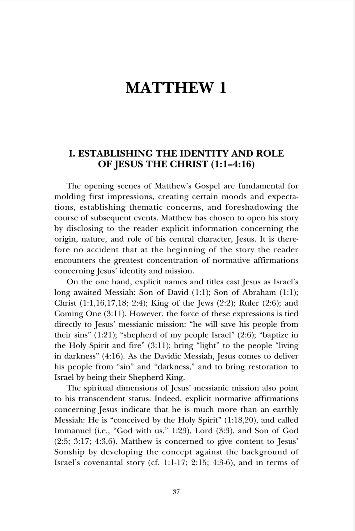 A scanned book page showing the biblical text 'MATTHEW 1' with section headings and paragraphs, printed in black on a white page.