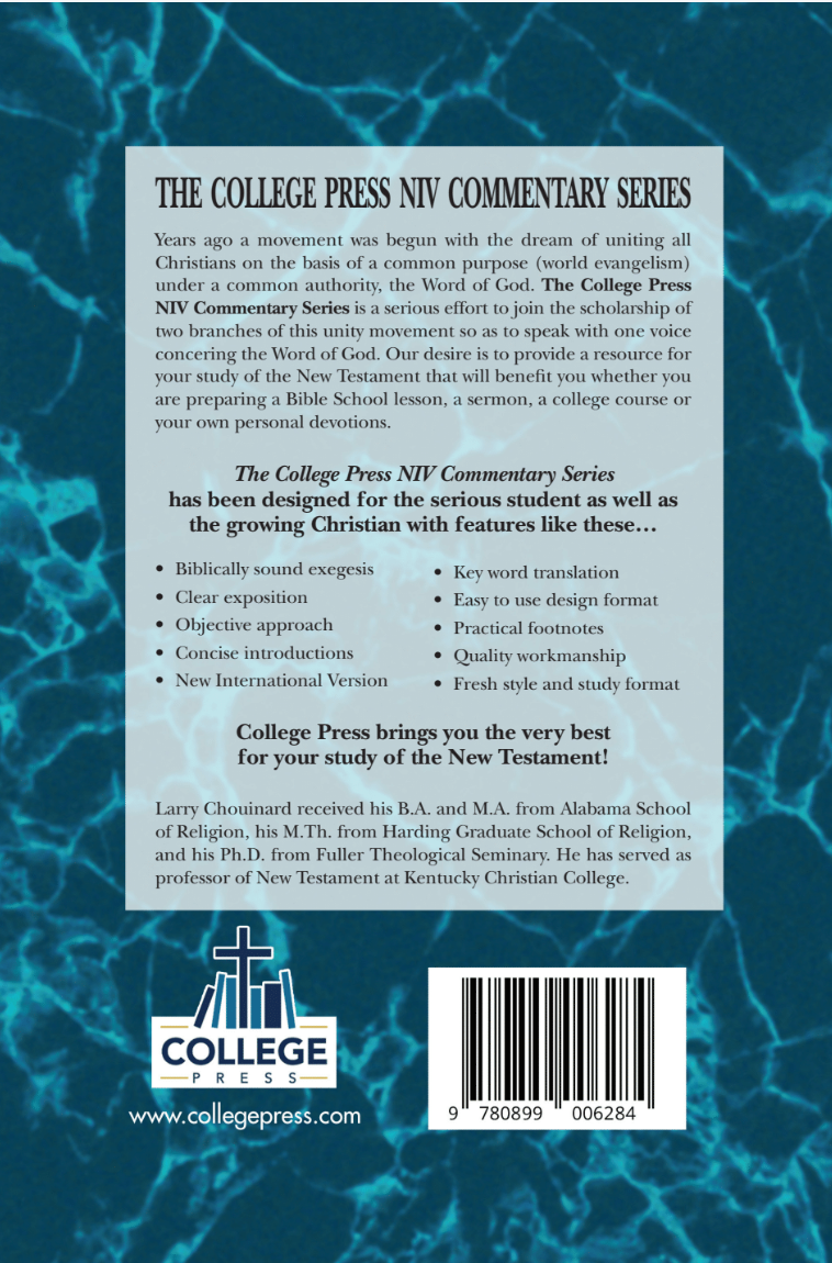 Back cover of a College Press NV Commentary Series book featuring a white text block over a blue marbled background with the College Press logo at the bottom.