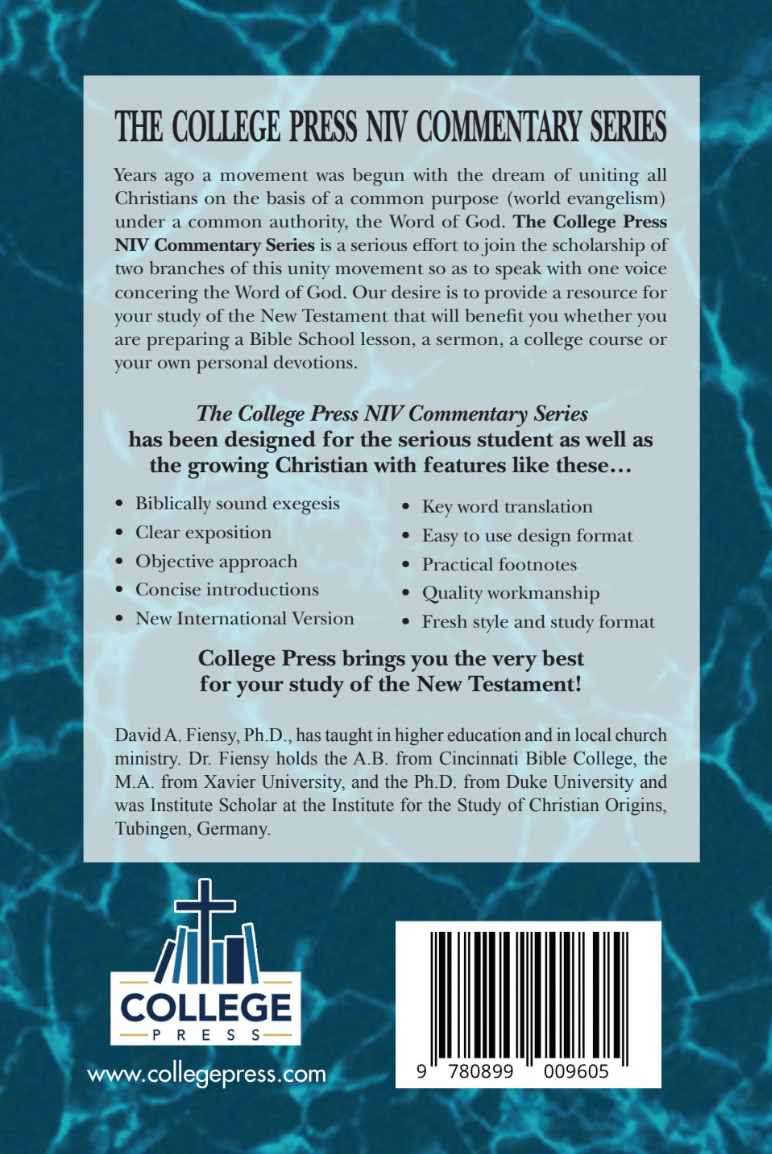 Back cover of a College Press NIV Commentary Series book featuring descriptive text, a barcode, and the College Press logo on a white background.
