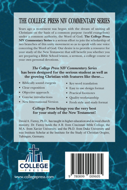 Back cover of a College Press NIV Commentary Series book featuring descriptive text, a barcode, and the College Press logo on a white background.
