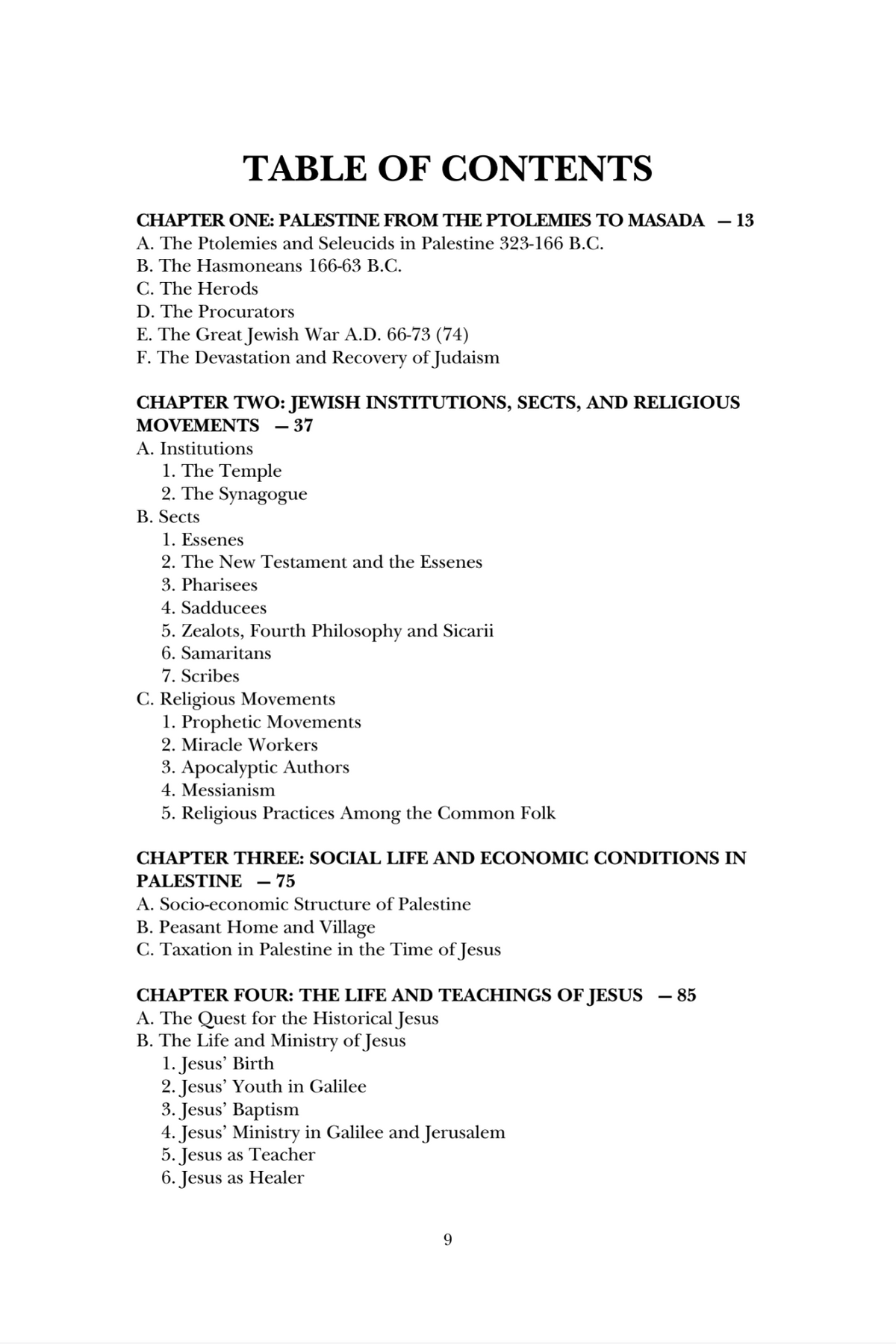 A printed table of contents page showing chapter and section headings for a book about Palestine and the life and teachings of Jesus, with page number 9 at the bottom.