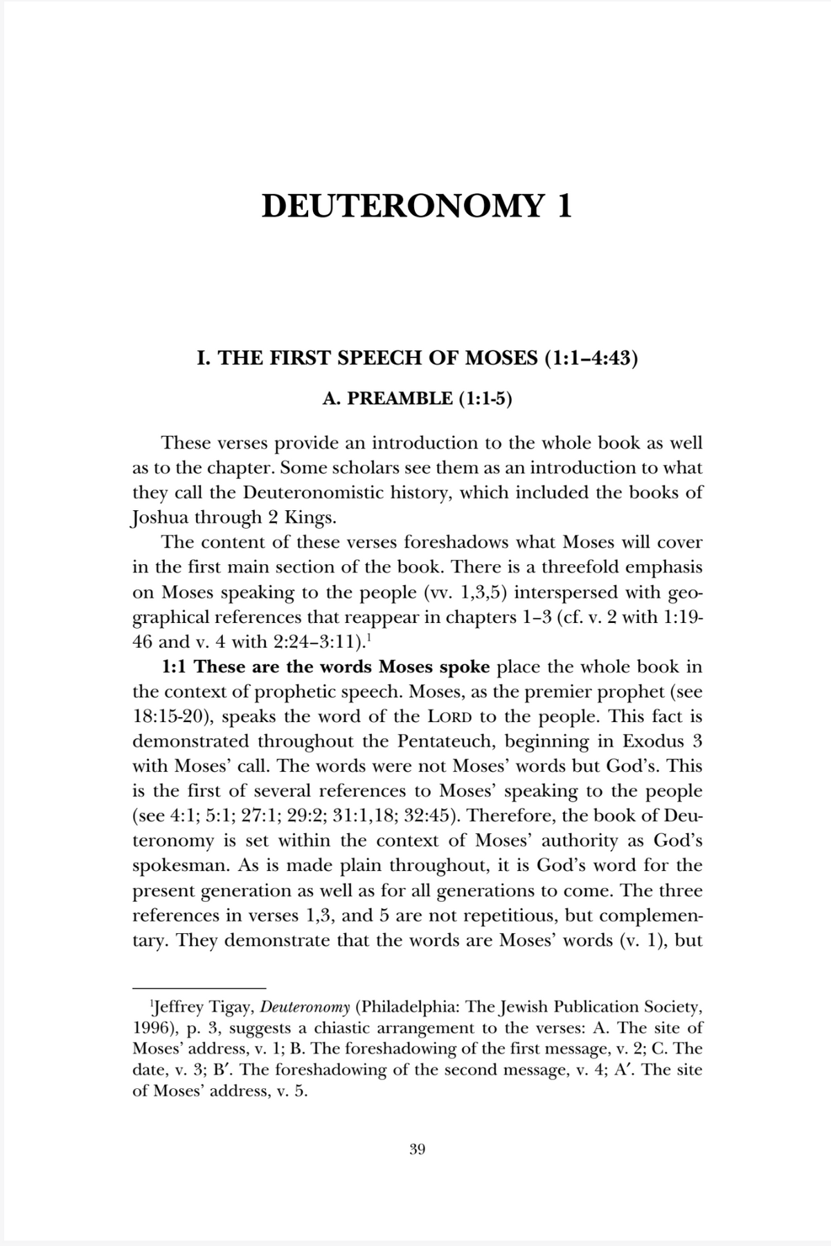 A scanned book page with the title 'DEUTERONOMY 1' at the top and a dense block of text below, including the subtitle 'I. THE FIRST SPEECH OF MOSES (1:1-4:43)' and 'A.