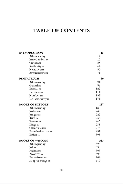 A black-and-white table of contents page showing a list of book chapters and sections with page numbers, including Introduction, Pentateuch, Books of History, and Books of Wisdom.