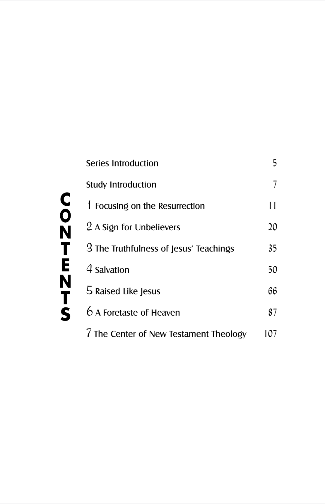 A white book or booklet page showing a printed contents table with chapter titles and page numbers, including 'Series Introduction,' 'Study Introduction,' and '1 focusing on the Resurrection.'.