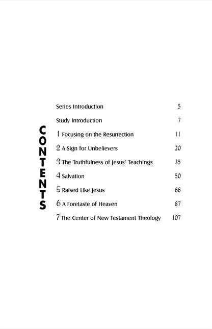 A white book or booklet page showing a printed contents table with chapter titles and page numbers, including 'Series Introduction,' 'Study Introduction,' and '1 focusing on the Resurrection.'.