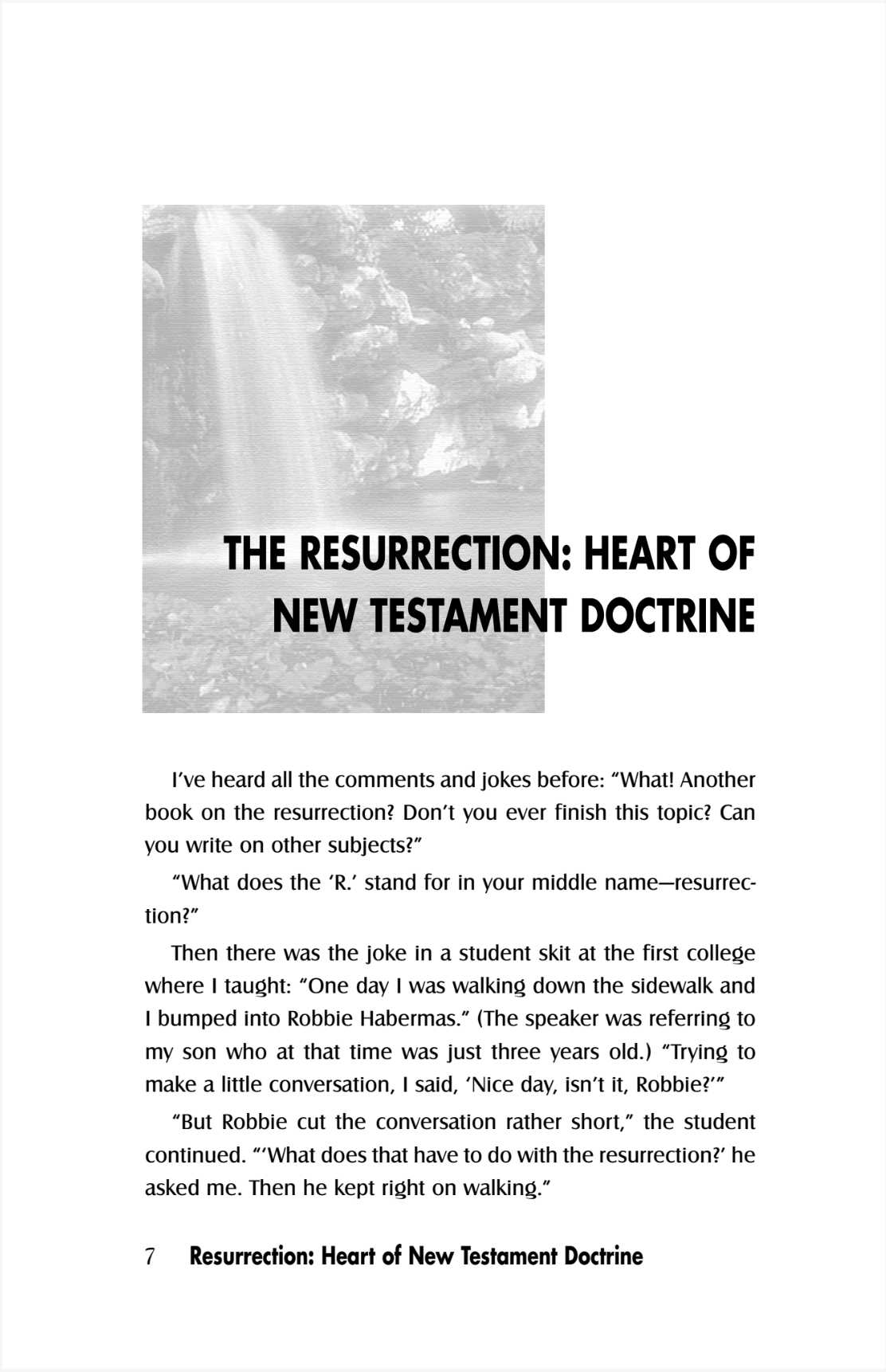 Textbook page about the resurrection with a black and white photo of a mountain.