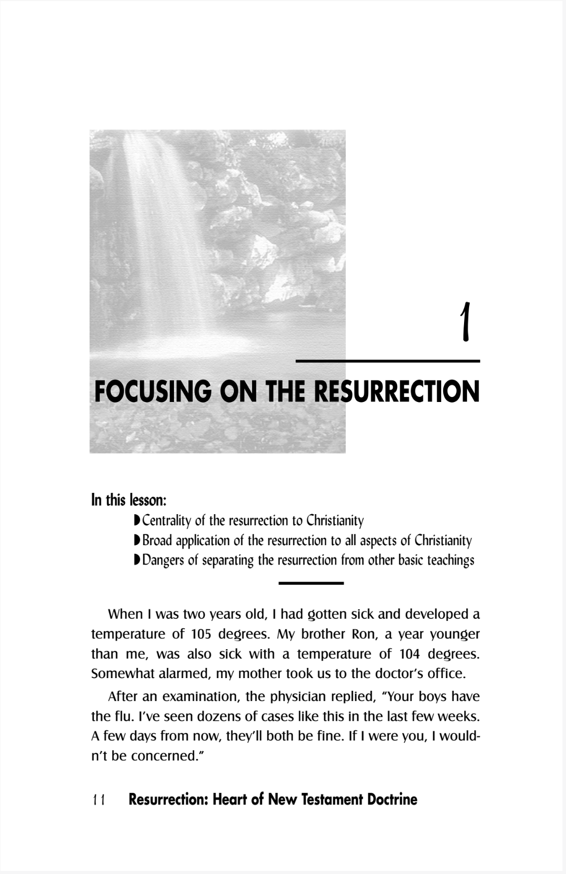 A single printed page with the title 'FOCUSING ON THE RESURRECTION' and the page number 1, plus lesson text and a small grayscale photo of people at the top.