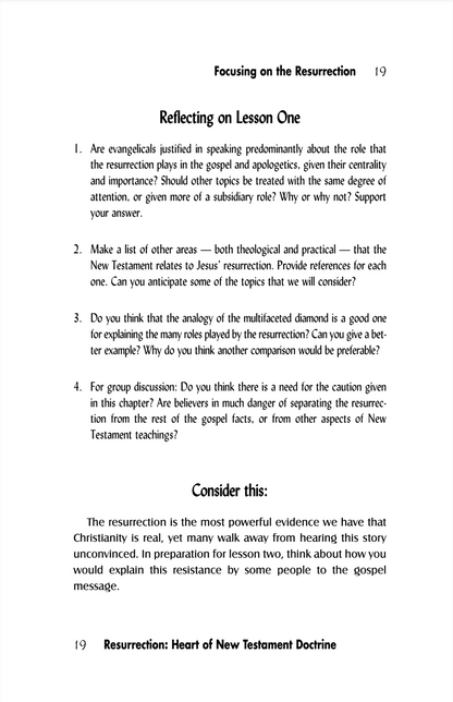 A scanned or photographed page from a religious study guide titled 'Focusing on the Resurrection' with the heading 'Reflecting on Lesson One' and a numbered list of discussion questions, plus a 'Consider this:' section below.