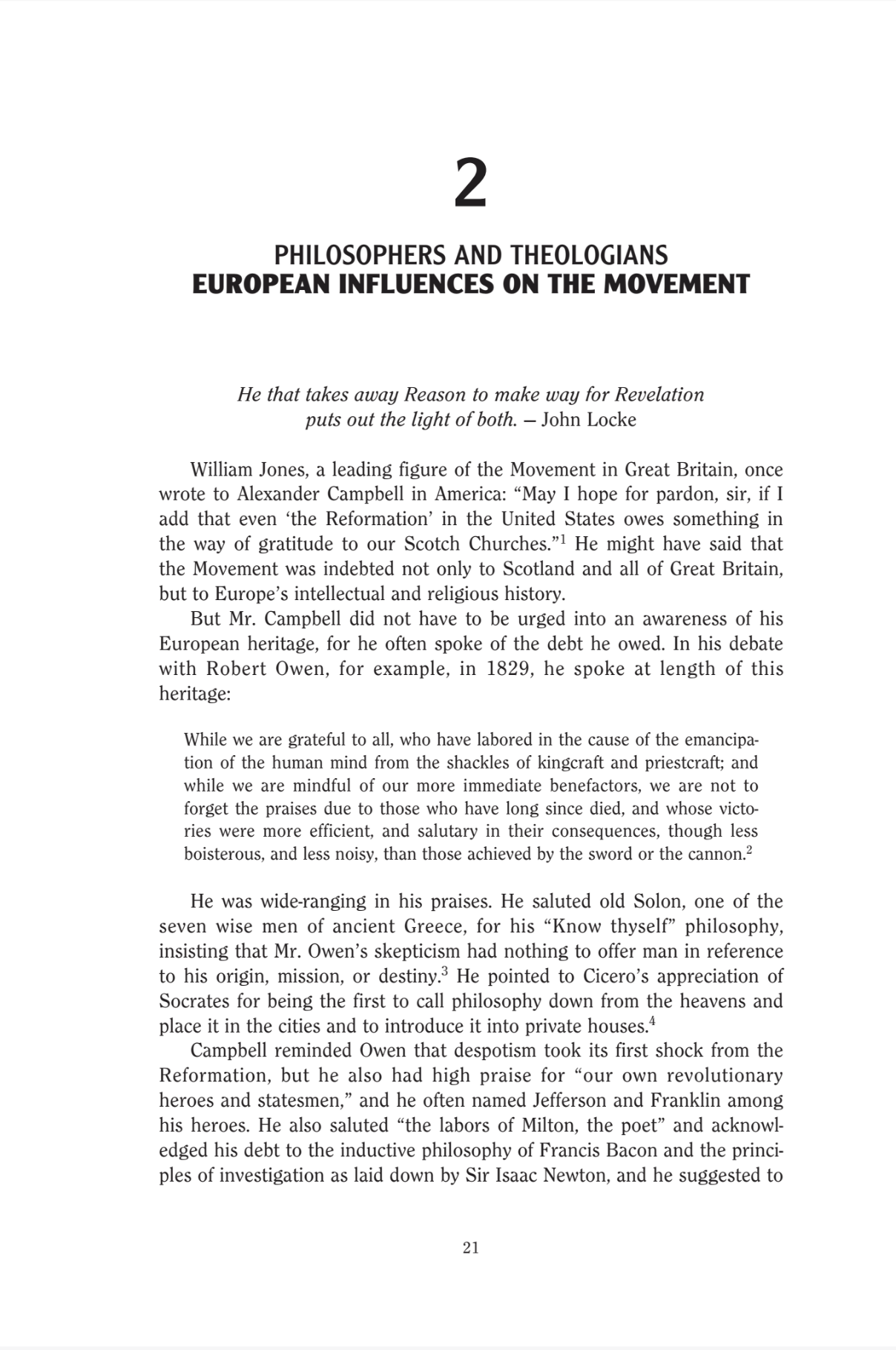 A scanned book page with the title 'PHILOSOPHERS AND THEOLOGIANS EUROPEAN INFLUENCES ON THE MOVEMENT' in large serif type, followed by an introductory paragraph and page number 21 on a white page.