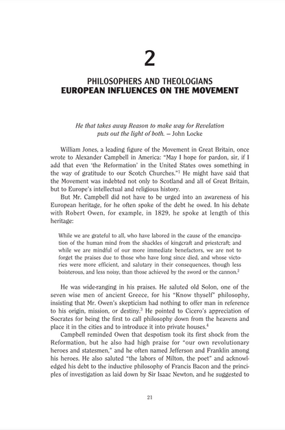 A scanned book page with the title 'PHILOSOPHERS AND THEOLOGIANS EUROPEAN INFLUENCES ON THE MOVEMENT' in large serif type, followed by an introductory paragraph and page number 21 on a white page.
