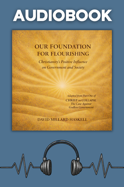 Golden sunrise audiobook cover with title Our Foundation for Flourishing on light blue background with headphone and soundwave sketch.