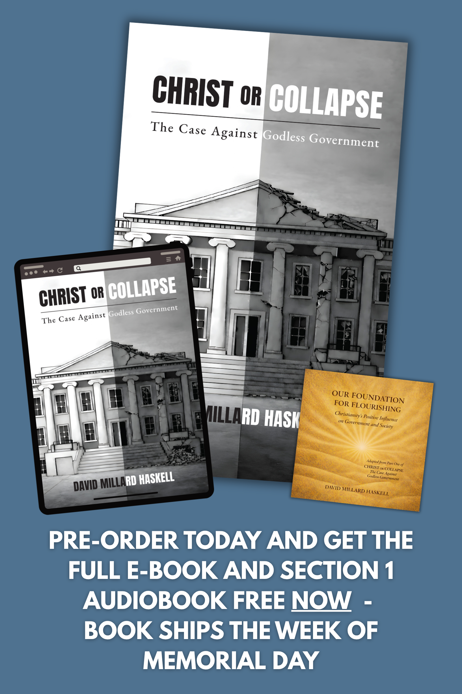 Promotional image of 'Christ or Collapse' book and related materials on a blue background