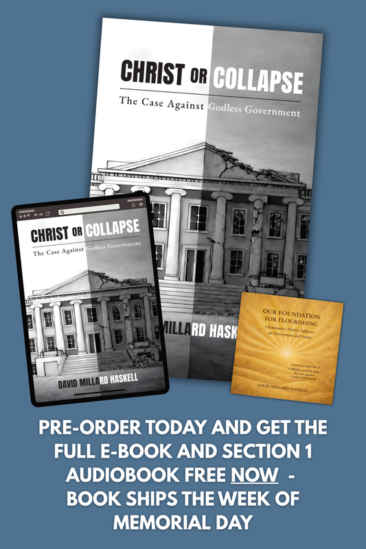 Promotional image of 'Christ or Collapse' book and related materials on a blue background