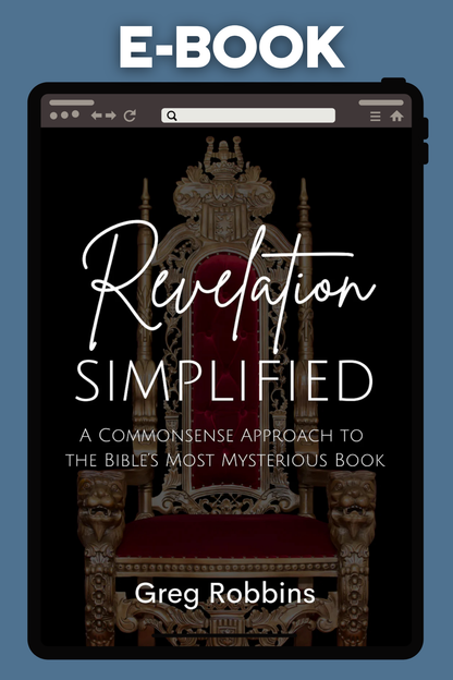 E-book cover of 'Revelation Simplified' with a throne illustration on a blue background