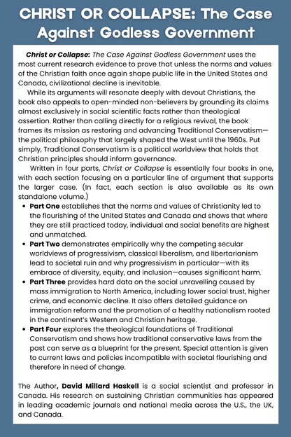 Description of Christ or Collapse: The Case Against a Godless Government on a white background with a light blue frame