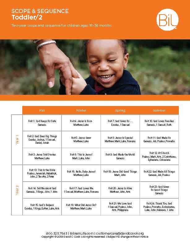 A printable educational curriculum chart titled 'Scope & Sequence Toddler/2' from BiLit, featuring a smiling toddler holding a butterfly on the top photo and a detailed monthly schedule grid below with lesson plans for Fall, Winter, Spring, and Summer.