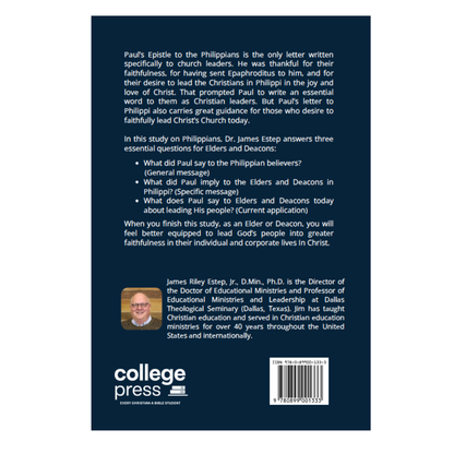 Back cover of a College Press book titled 'Paul's Estate to the Philippians' by James Estep, featuring a dark navy blue background with white text, a small author photo, and a barcode.
