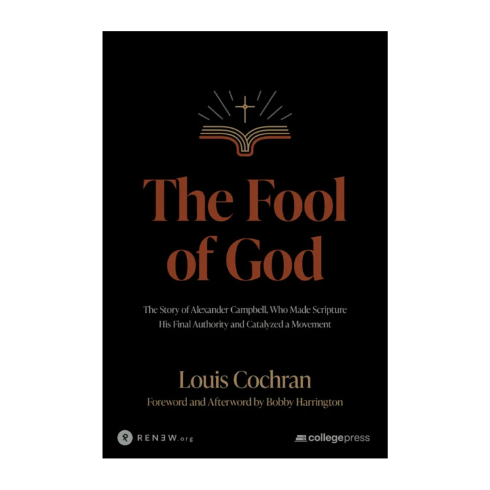 Book cover of 'The Fool of God' by Louis Cochrán, featuring a black background with gold and orange typography and an open book with a cross icon at the top.