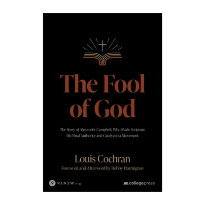 Book cover of 'The Fool of God' by Louis Cochrán, featuring a black background with gold and orange typography and an open book with a cross icon at the top.