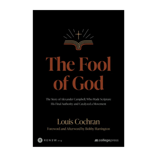 Book cover of 'The Fool of God' by Louis Cochrán, featuring a black background with gold and orange typography and an open book with a cross icon at the top.