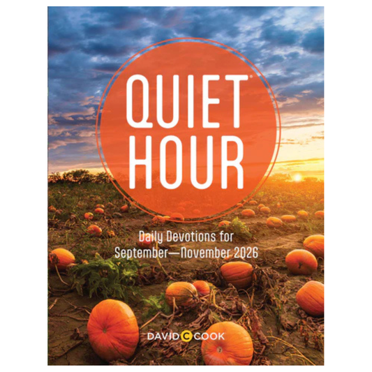 Front cover of the book 'Quiet Hour: Daily Devotions for September - November 2026' by David Cook, featuring a pumpkin patch at sunset with a large orange circle and white title text.