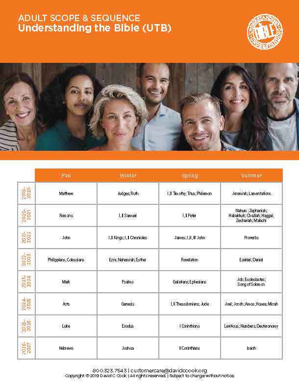 A printed or digital reference chart titled 'ADULT SCOPE & SEQUENCE Understanding the Bible (UTB)' with an orange header, a group photo of adults across the top, and a table listing passages by Paul, Water, Spring, and Summer.