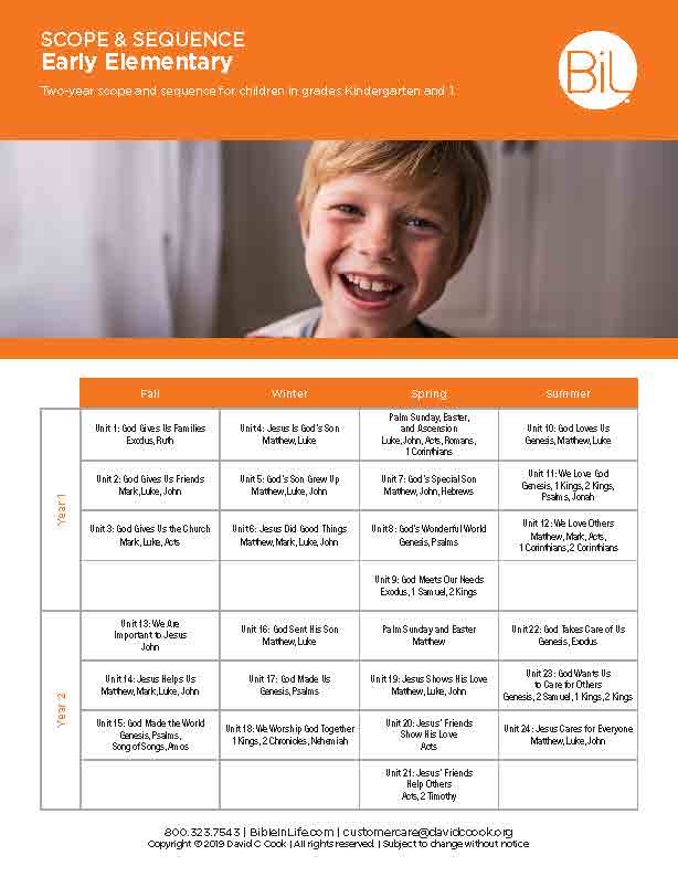 An educational planning chart titled 'Scope & Sequence Early Elementary' from BiL, featuring a smiling young boy in the background and a table organized by season (Fall, Winter, Spring, Summer) with lesson plan titles and descriptions.